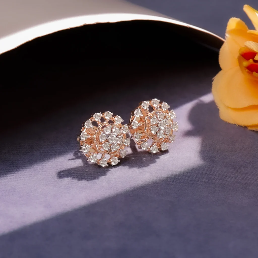 Rose gold diamond necklace and earrings with pearl accents on blue background