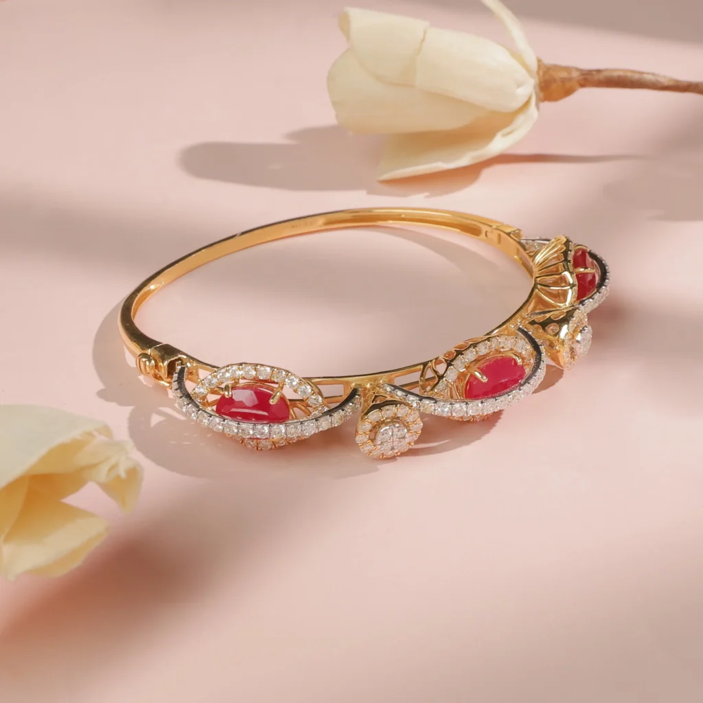 Diamond leaf-design bangle bracelet on red background